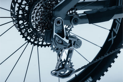 Close-up of SRAM X0 gear system with a blurred background on the Tundra 10