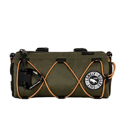 Green ULAC Neo Porter Coursier bag with orange accents and 'Lonely Rider Cult' logo on a white background