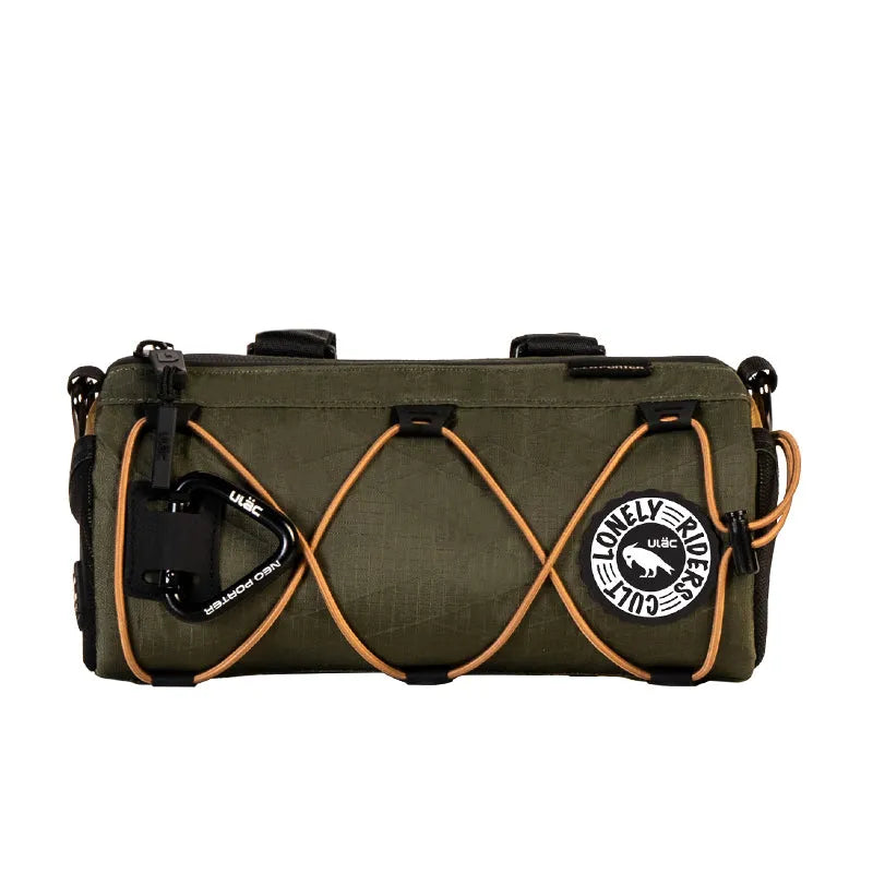 Green ULAC Neo Porter Coursier bag with orange accents and 'Lonely Rider Cult' logo on a white background