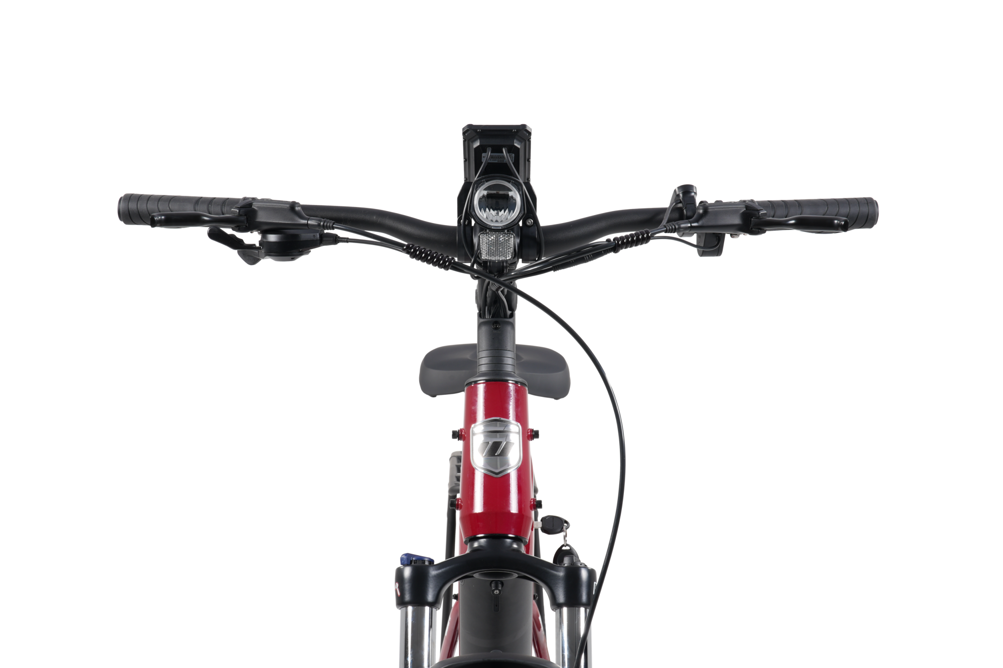 Front view of a red and black electric bicycle showing the handlebars, headlight, seat, and front suspension fork against a solid white background.