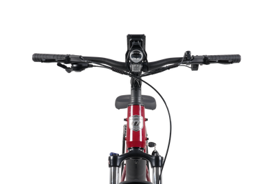 Front view of a red and black electric bicycle showing the handlebars, headlight, seat, and front suspension fork against a solid white background.