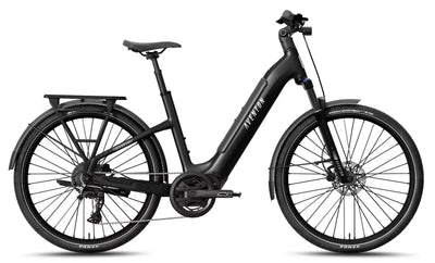 Black Aventon Trava ADV Step Through City E-Bike on a white background