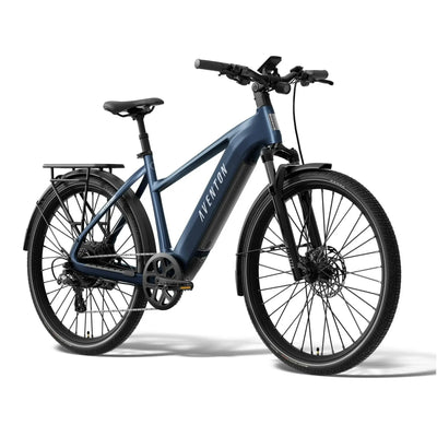 A blue and black Avenon electric bicycle with a rear rack, fenders, and disc brakes, shown from a three-quarters angle on a white background.