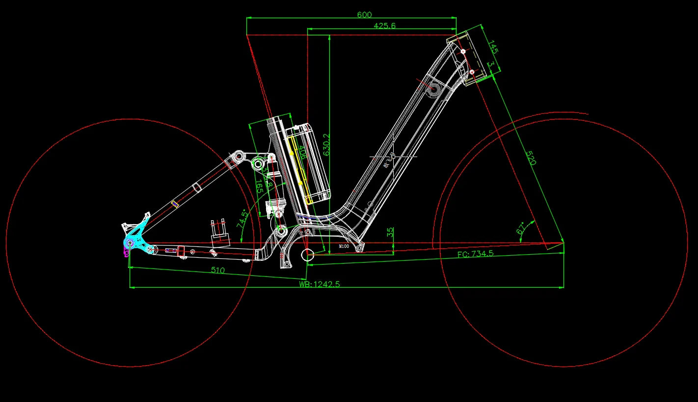 Technical drawing of a mechanical arm with dimensions on a black background