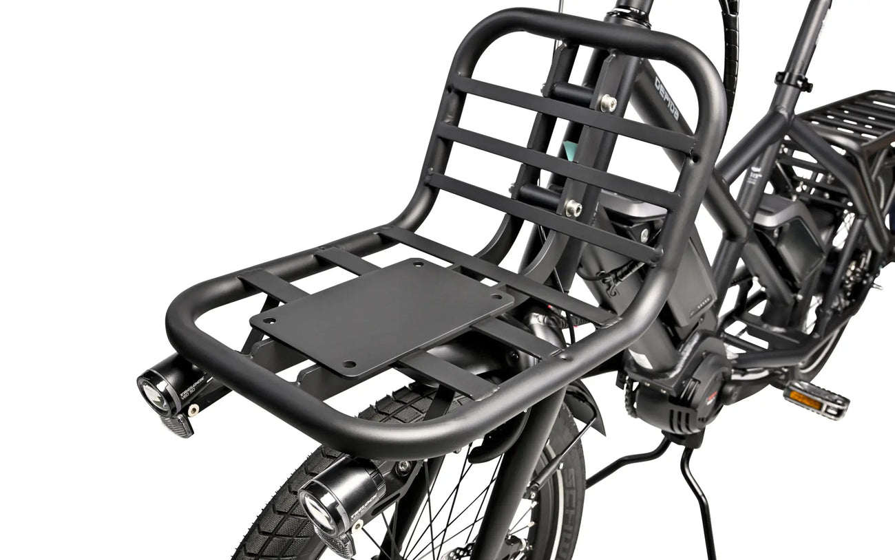 Gepida Cargo ebike with a black metal rack on a white background