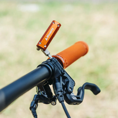 Close-up of a bicycle handlebar with an orange brake lever and black grips against a blurred green background.