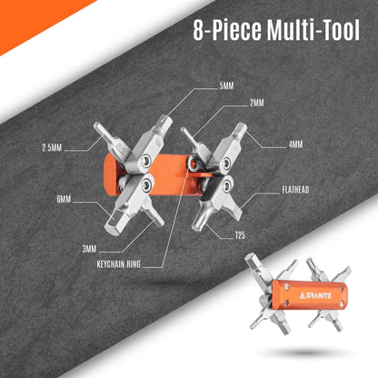 8-piece multi-tool with labeled components on a gray background