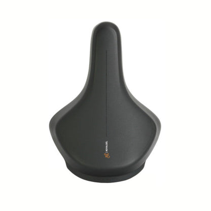 A black Selle Royal On saddle designed for e-bikes, showing the top view with a central crest and integrated handle.