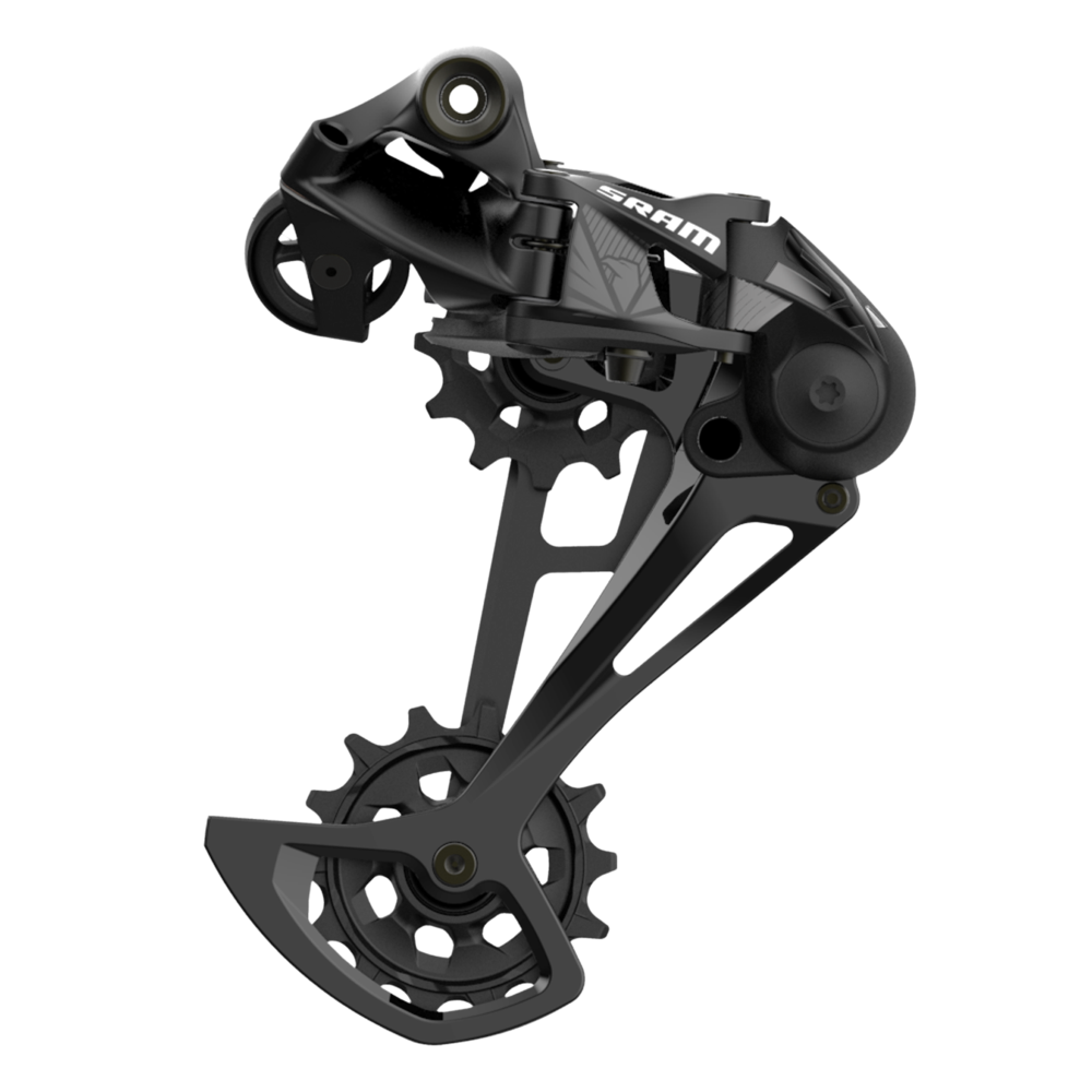 Black SRAM SX Eagle 12 Speed rear derailleur for bicycles, showing the side profile with pulleys and cage.