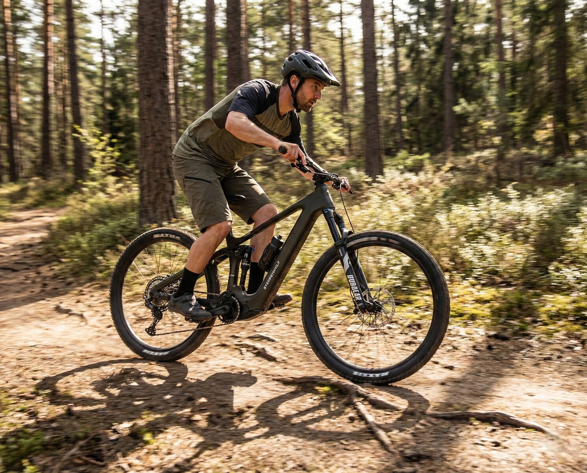 A man riding a steppenwolf Tundra electric mountain bike on a dirt trail in a dense pine forest. 