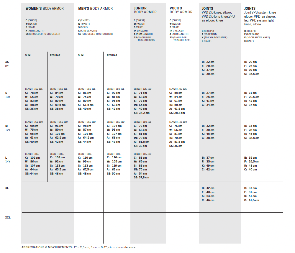 POC Oseus VPD Knee Pads - Size Chart