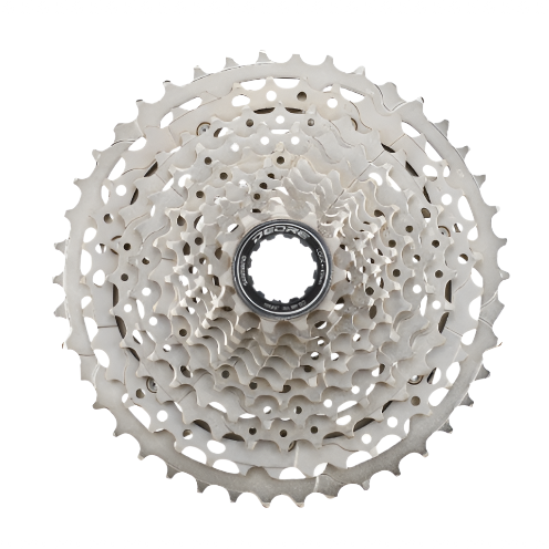 An image of a Shimano DEORE 11-Speed MTB Cassette CS-M5100, showcasing the silver-colored sprockets.