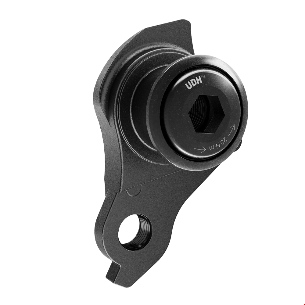 A black SRAM Universal Derailleur Hanger, designed for protecting the derailleur against chain jams and ensuring alignment.