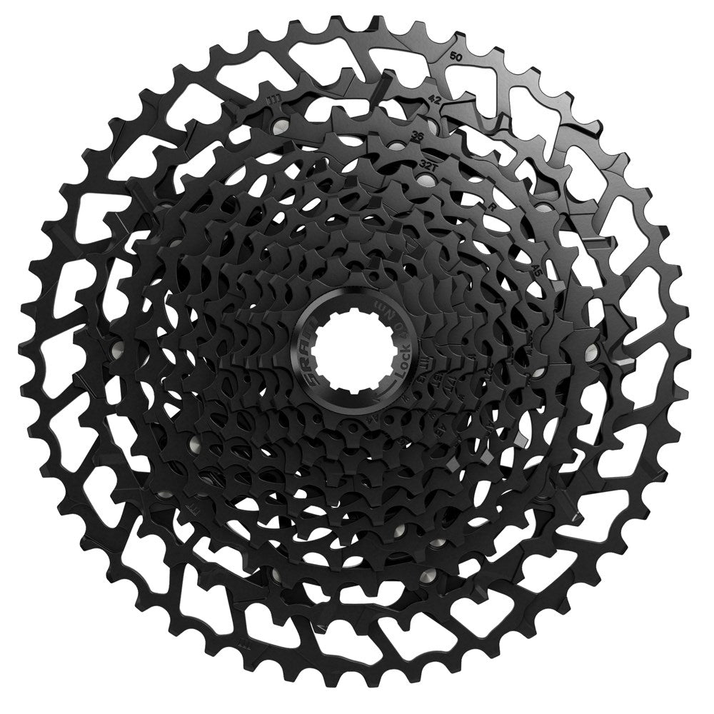 A black SRAM PG-1230 Eagle cassette with a wide range of tooth sizes, designed for mountain bikes.