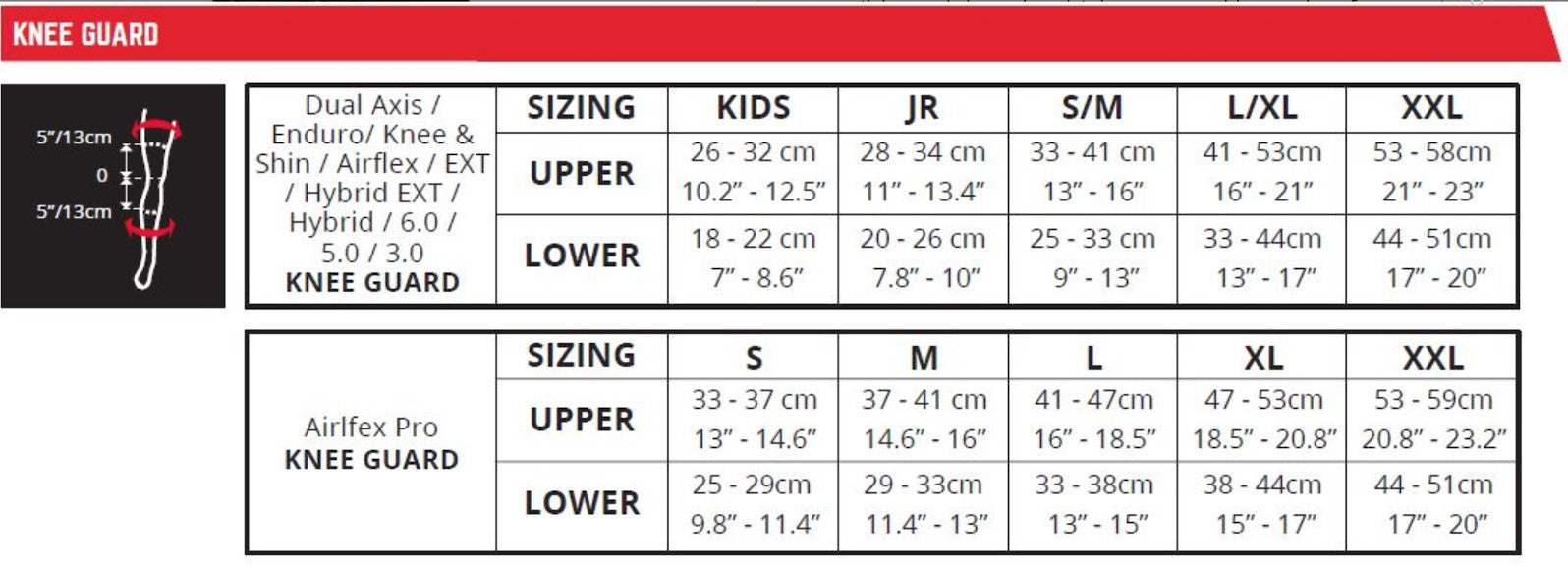 Leatt Airflex Pro 3DF Knee Guard size chart
